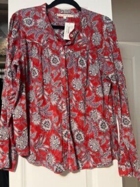 NWT XIRENA Cotton Red/Navy/White Button-down Blouse Size Large